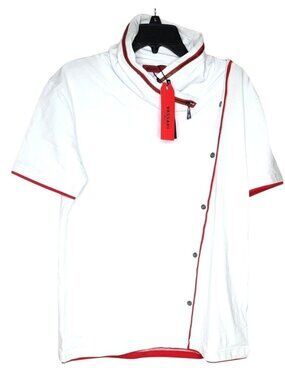 Vassari Los Angeles Mens White Polo Shirt With Red Trim Asymmetrical Buttons